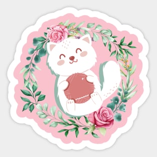 Cute Cat With Flowers and pink background Sticker